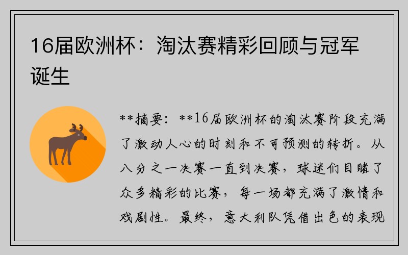 16届欧洲杯：淘汰赛精彩回顾与冠军诞生